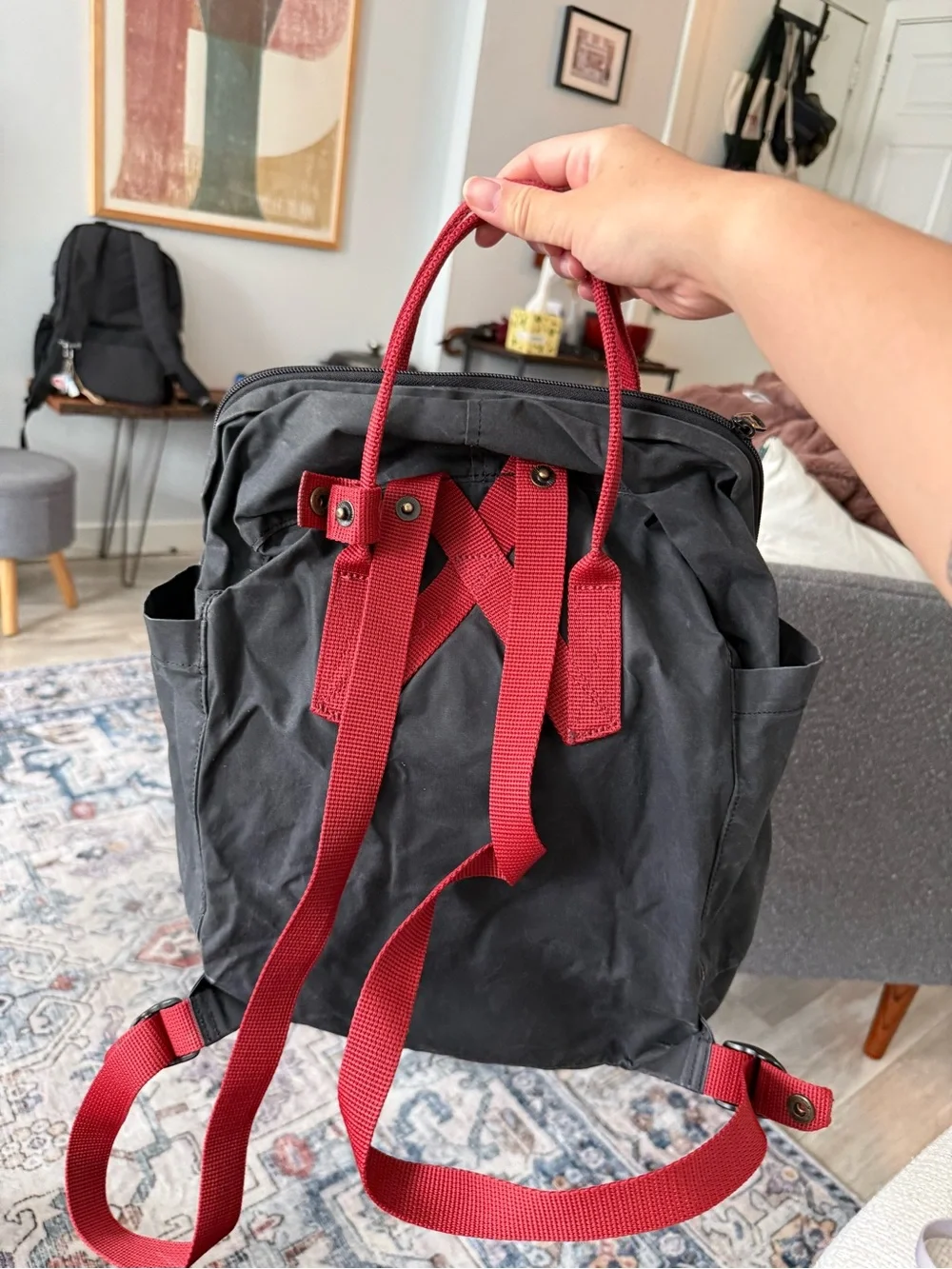 Fjallraven Kånken Backpack in Black with Red Handles